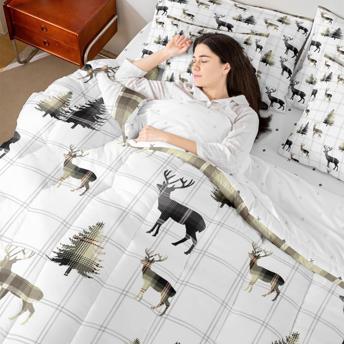 jejeloiu Cute Deer Comforter Set with Sheets 7 Piece Twin Size Antlers Bed in a Bag Kids Boys Girls Pine Tree Bedding Set Bedroom Decor Breathable Soft Lightweight Microfiber