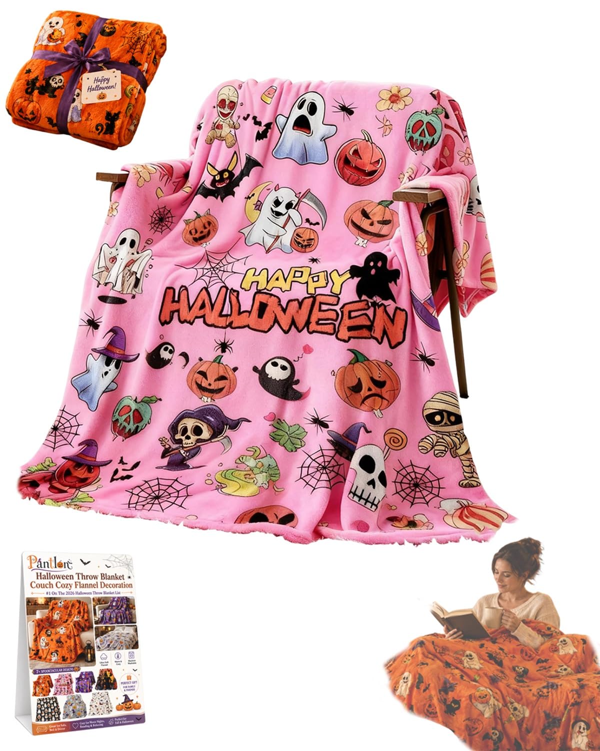 Halloween Throw Blanket Couch Cozy Flannel Decoration for Party Bed Soft Flannel Ghost Blanket Halloween Harvest Gifts Horror Ghost Bat Pumpkin(Model2,50x80in)