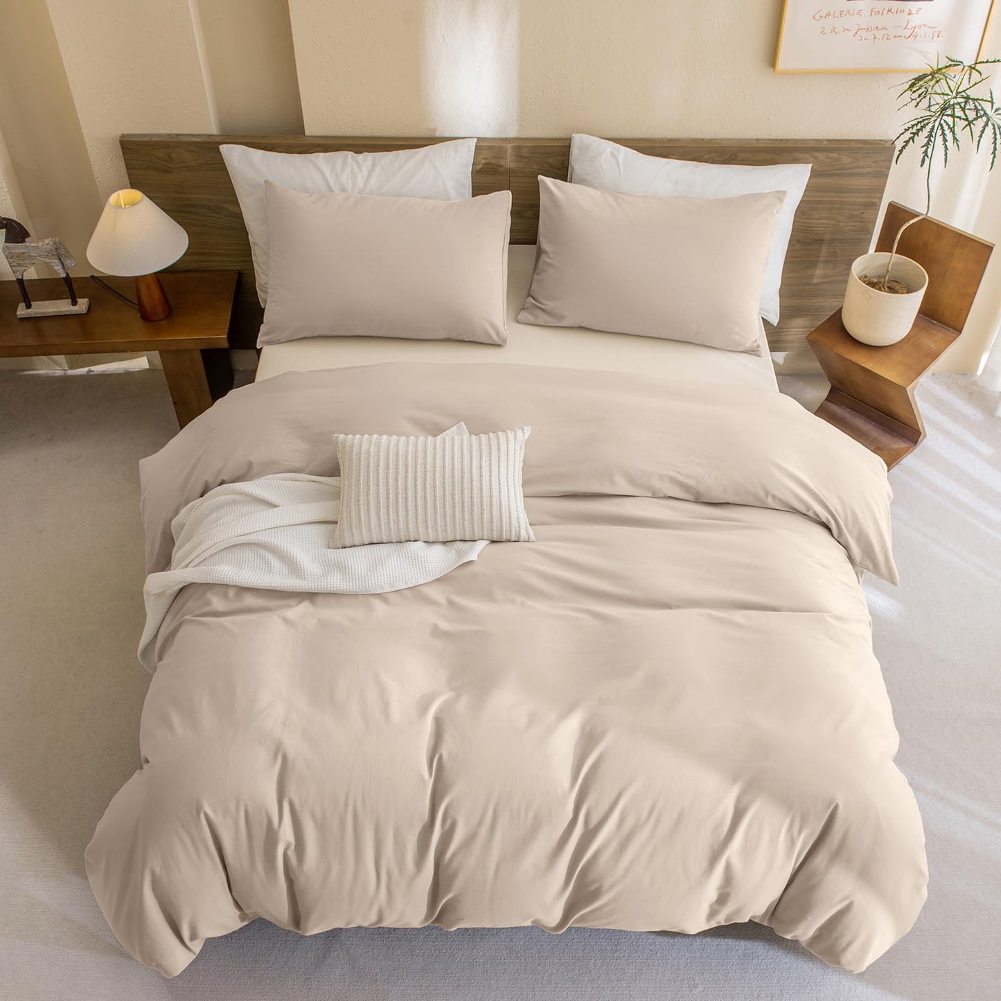 CozyTide King Size Comforter Set,Washed Cotton Boho Bedding Comforter Set Soft Lightweight Fluffy Aesthetic Bedding Set 3 Pieces(1 Beige Khaki Comforter and 2 Pillowcases)