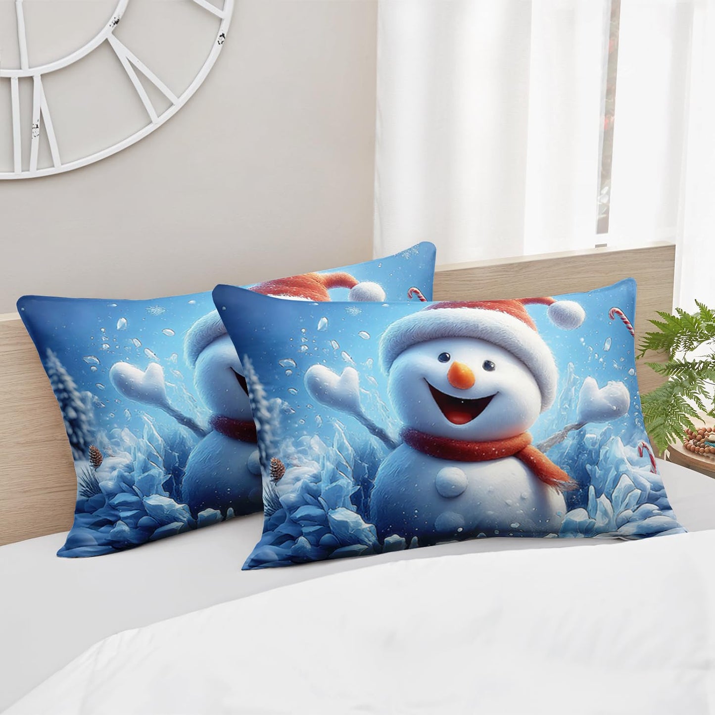 HOSIMA Snowman Twin Fitted Sheet for Kids,Cute Smiling Snowman Print Christmas Bedding Set,Candy Pattern Festival Bedding for Boys Girls Room Decor,1 Fitted Sheet+2 Pillowcases.