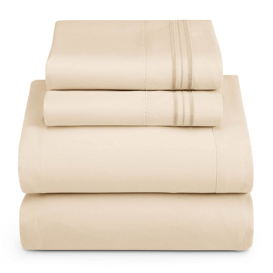 Hearth & Harbor Full Size Sheets - 4 Piece Bed Sheet Set, Hotel Luxury Double Brushed Bed Sheets - Extra Soft Bedding Sheets & Pillowcases, Full, Beige