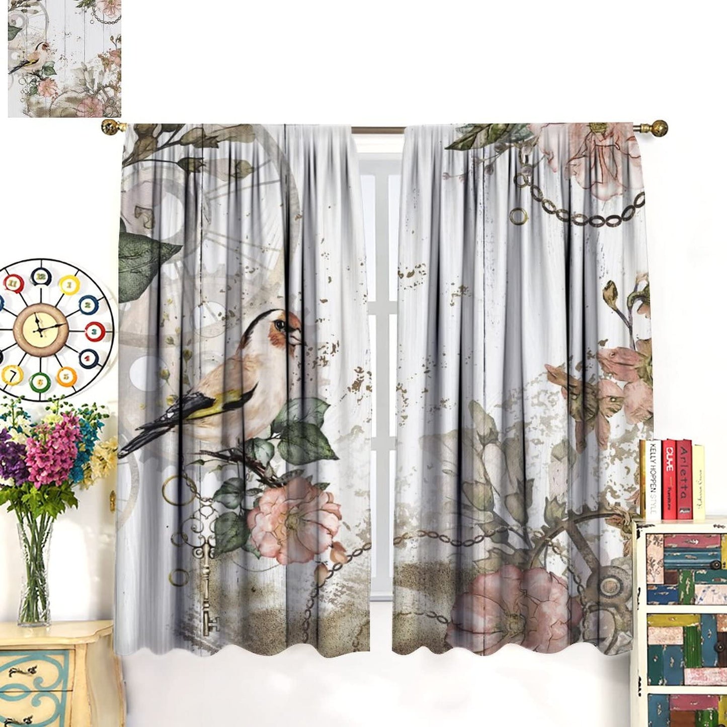 Floral Bird Window Curtains,Vintage Rustic Farmhouse Spring Flower Wooden Background Window Treatments Curtains for Living Room Bedroom Kitchen Bathroom W42xL45in
