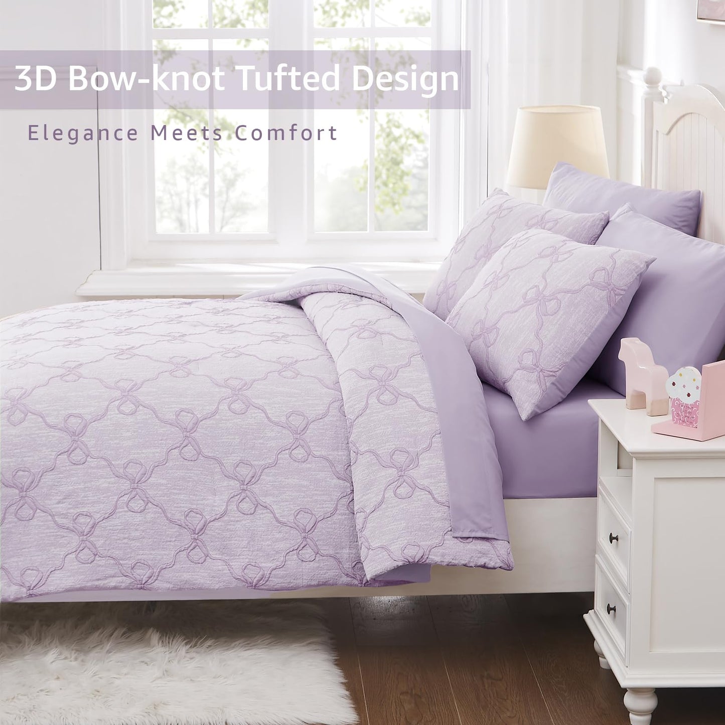 Wink Deer Twin Comforter Set with Sheets for Girls-5 Pieces Twin Bedding Sets with Light Purple Comforter, Sheets, Pillowcase & Sham for Kids (Purple Diamond, 66" X 86")