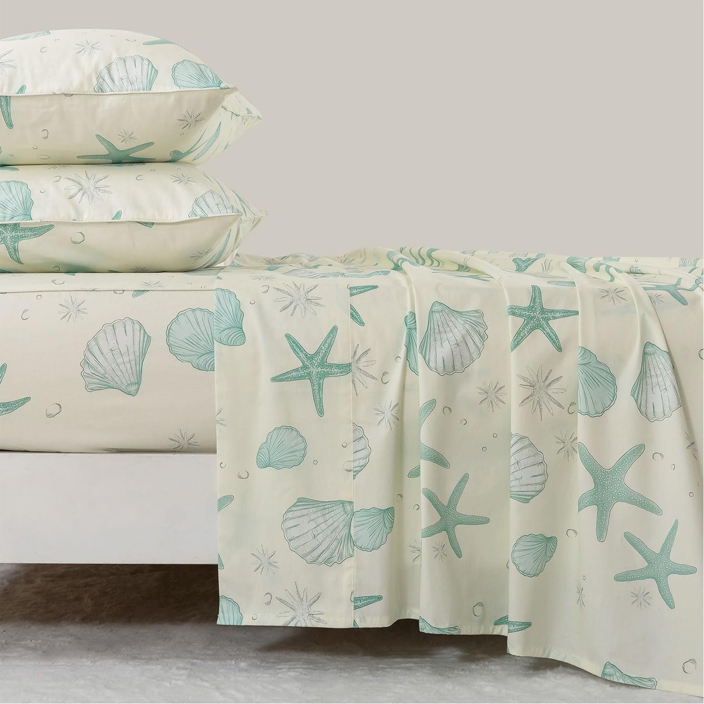 FADFAY 100% Cotton Coastal Sheet Set Queen – Ultra Soft Breathable Beach Bedding, Seafoam Green Starfish & Seashell Print, Ocean Themed Bed Sheets for Coastal Bedroom Decor, Deep Pocket, 4 Piece Set