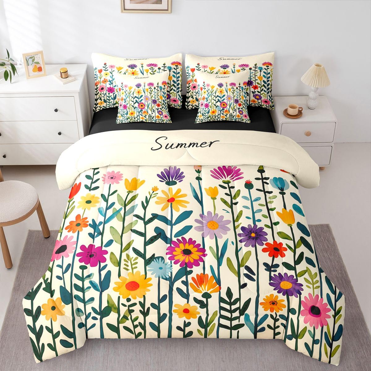 Erosebridal Boho Floral Queen Bedding Set Multicolor Daisy Comforter Set with Flat and Fitted Sheet Watercolor Wildflower Summer 7-Piece Bed in a Bag Kids Girls Women Whimsical Garden Quilt Sets