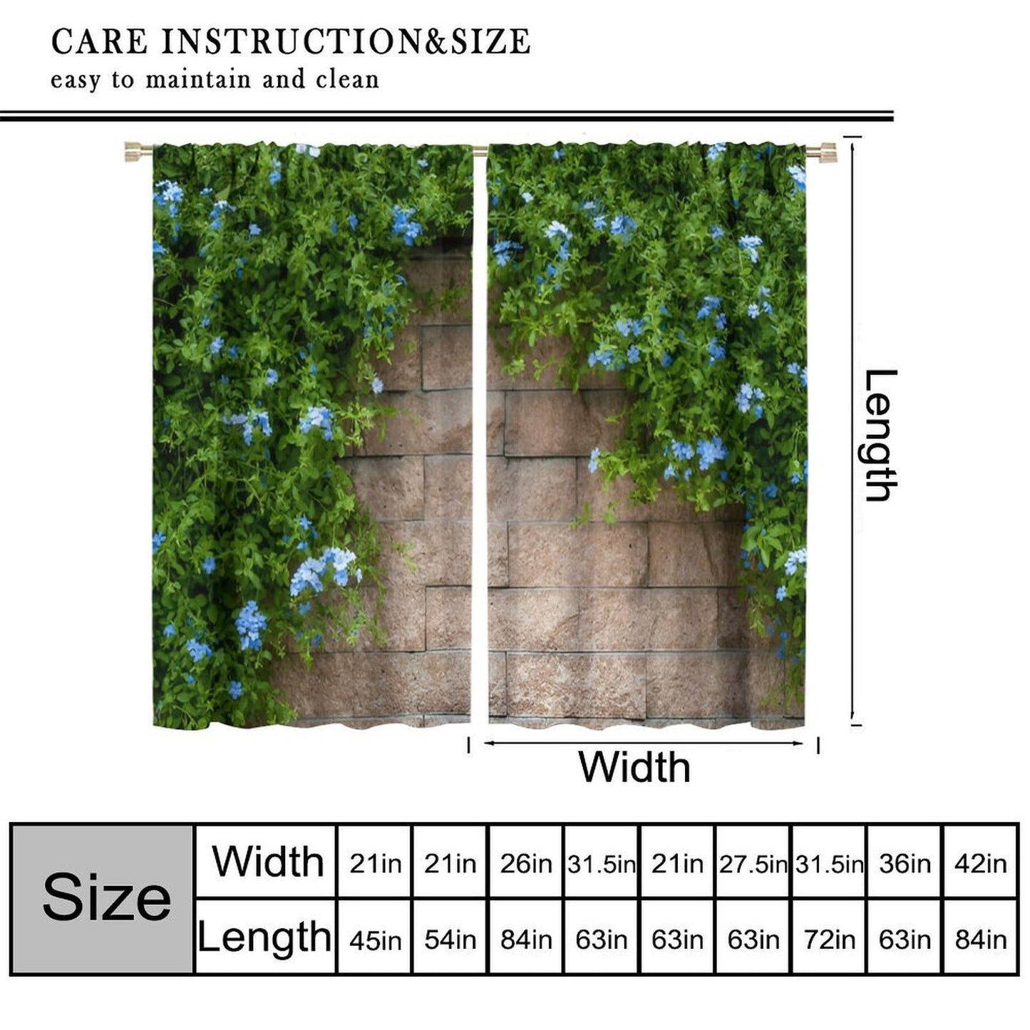 Stone Brick Wall Blackout Curtain,Retro Rocks Stone Wall Green Leaves Nature Scenery Rod Pocket Drapes Treatments Window Curtains for Kitchen Living Room Office Cafe Decor 21"W x 45"L (Pack of 2)