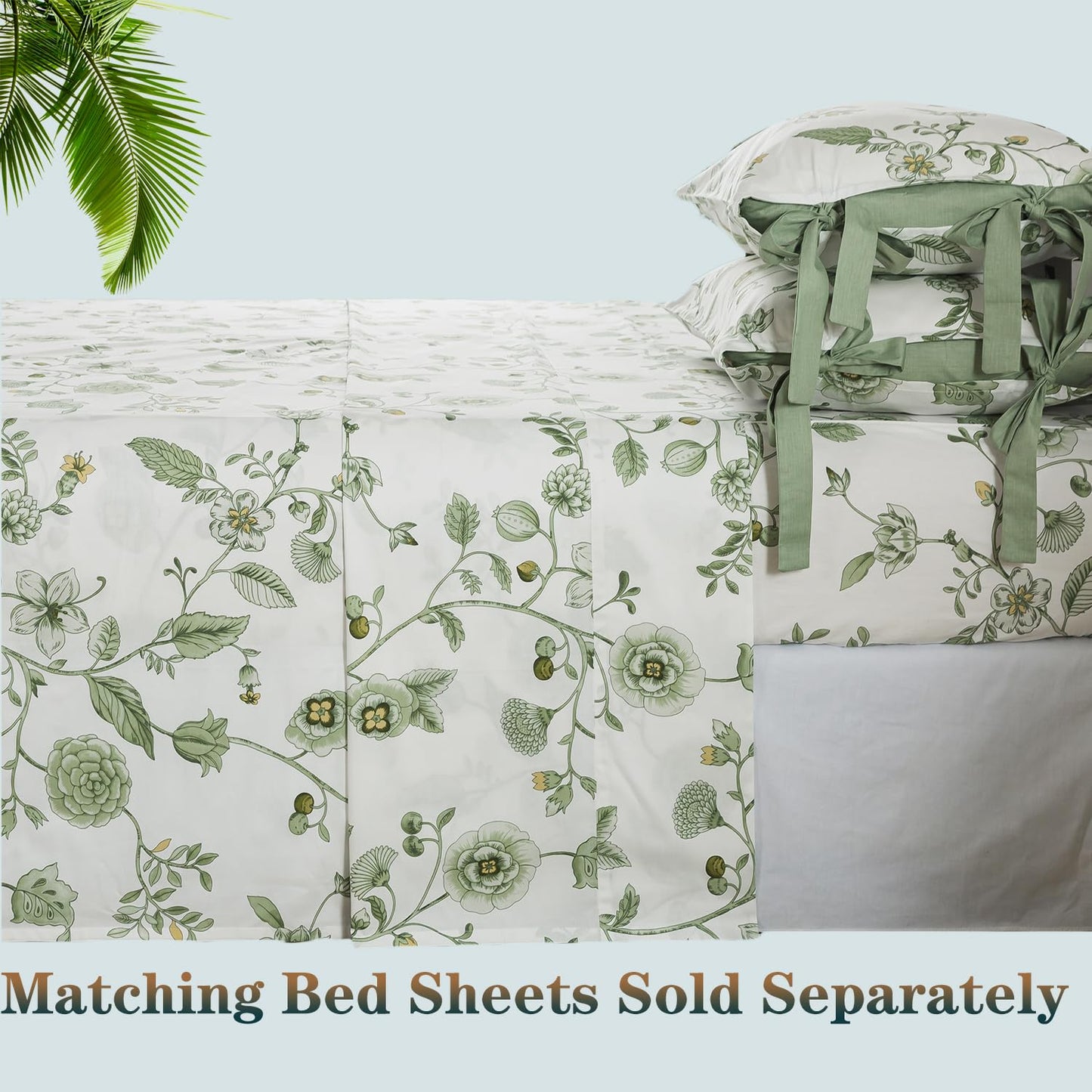 FADFAY Green Duvet Cover Set Full Floral Bedding 100% Cotton Shabby Vintage Reversible Zipper Farmhouse Comforter Cover Flower Print Bed Covers Girls Kids Pretty Bowknot Soft Breathable 3Pcs