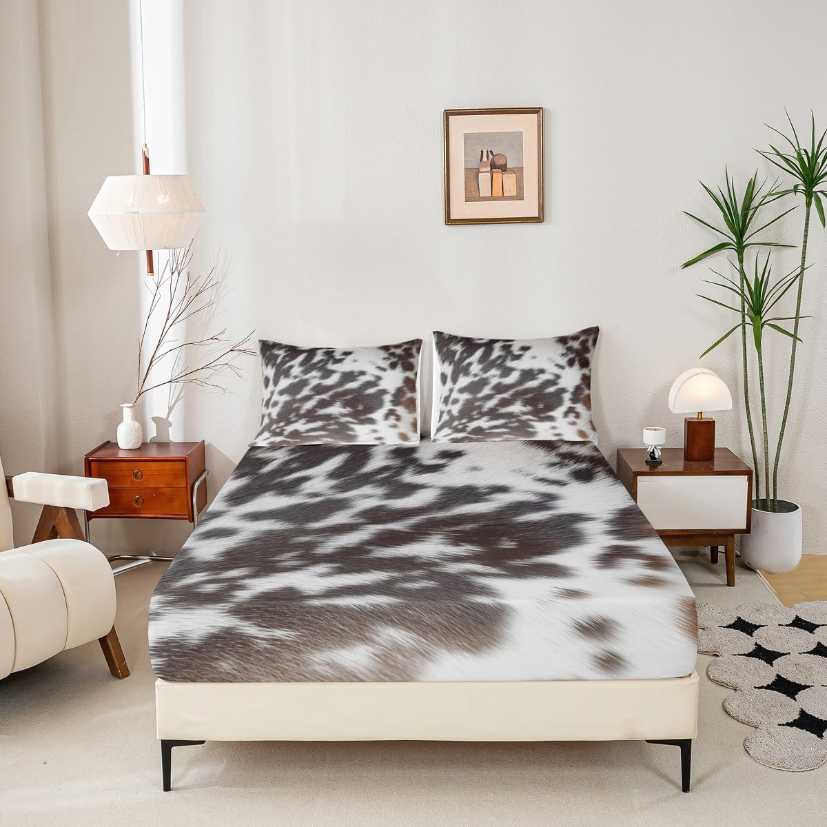 Brown Cowhide Bedding,Aztec Black White Aztec Cow Print Bed Sheet Set King,Western Farm Animal Bed Sheets for Kids Boys Girls Men Women,Rustic Cowboy Cow Fur Fitted Sheet & Flat Sheet 4 Pcs