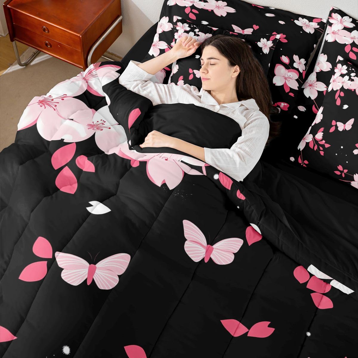 Erosebridal Cherry Blossom 7 Piece Bedding Set Queen Size Butterfly Bed in A Bag Japanese Spring Comforter with Sheets Japanese Style Romantic Theme Pink Bed Sets