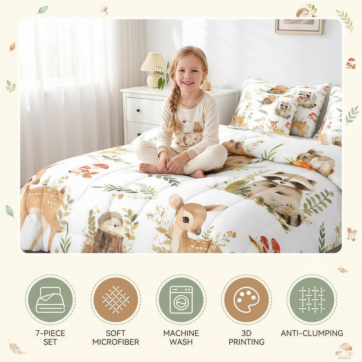 Erosebridal 7 Pcs Woodland Animals Kids Bedding Set Twin Cute Forest Raccoon Bear Deer Comforter Set with Sheets for Boys Girls Teens Jungle Safari Animals Bed in A Bag Botanical Mushroom Bed Sets