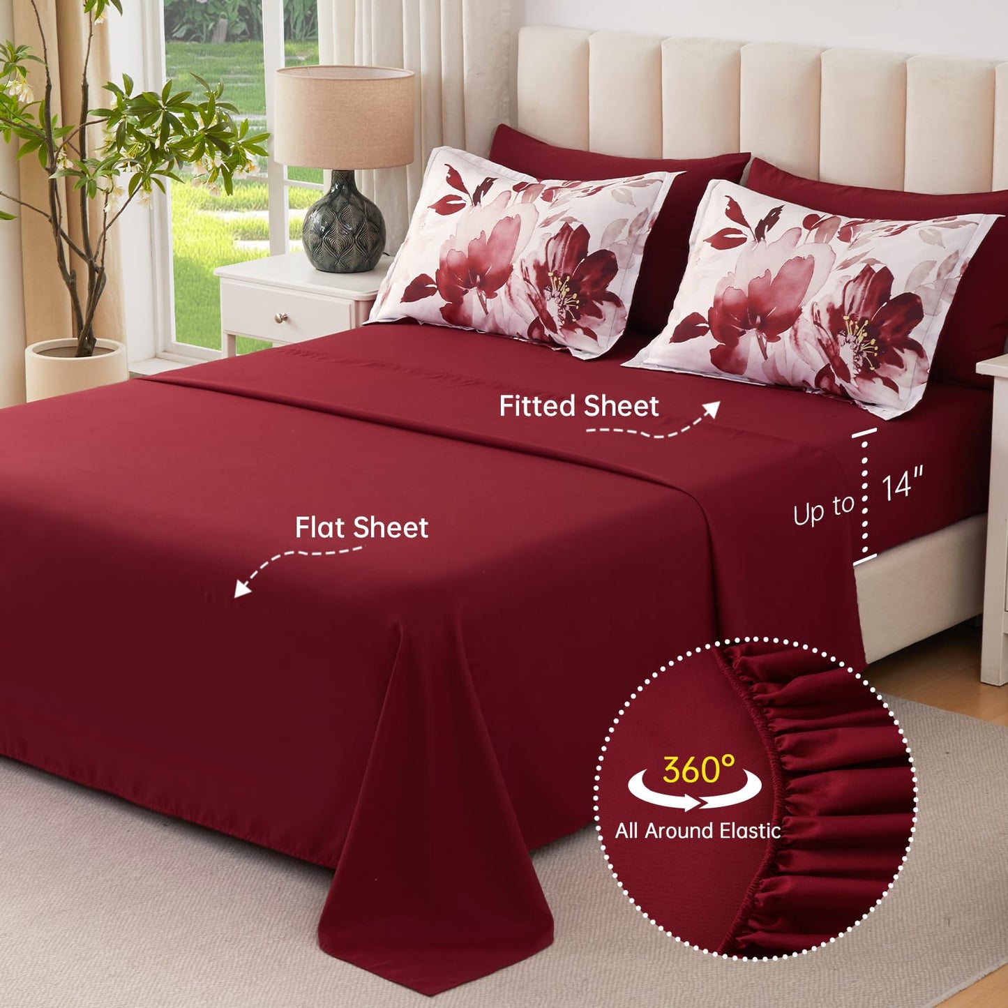 Luxudecor Floral Comforter Set King Size, 7 Piece Burgundy Flower Set Bed in a Bag,Soft Microfiber Farmhouse Shabby Chic Bedding Set for All Season(90"x104")