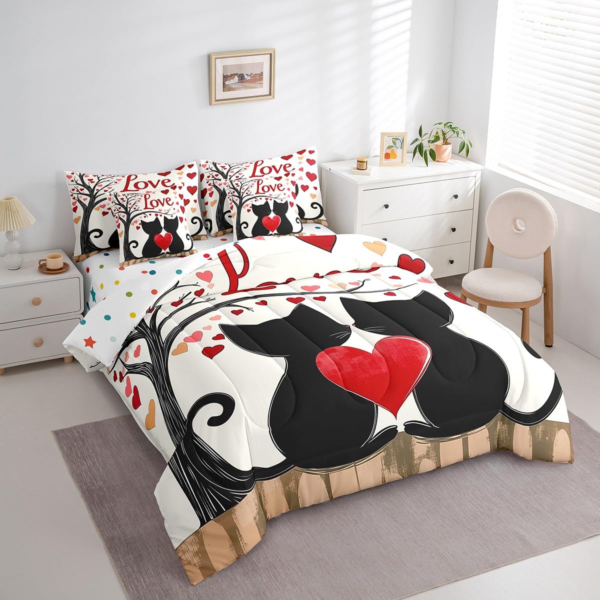 Erosebridal Cute Couple Cat Queen 7 Piece Bedding Set - Romantic Valentines Day Comforter Set with Sheets, Pink Red Love Pattern Bed in a Bag for Kids Girls Boys Women Couples Bedroom Decor