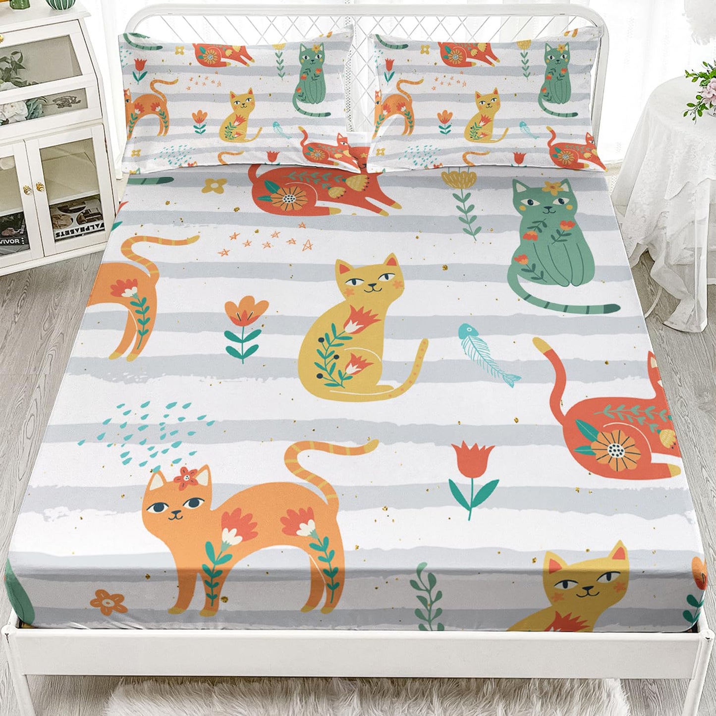 AILONEN Cat Bed Sheet Twin XL Size, Green Orange Flowers Cat Sheets 3 Pieces Set Grey White Printing Bedding Set for Kids Girls Bedroom Decor Breathable Fitted Sheet and 2 Pillowcases
