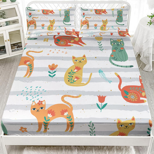 AILONEN Cat Bed Sheet Twin XL Size, Green Orange Flowers Cat Sheets 3 Pieces Set Grey White Printing Bedding Set for Kids Girls Bedroom Decor Breathable Fitted Sheet and 2 Pillowcases