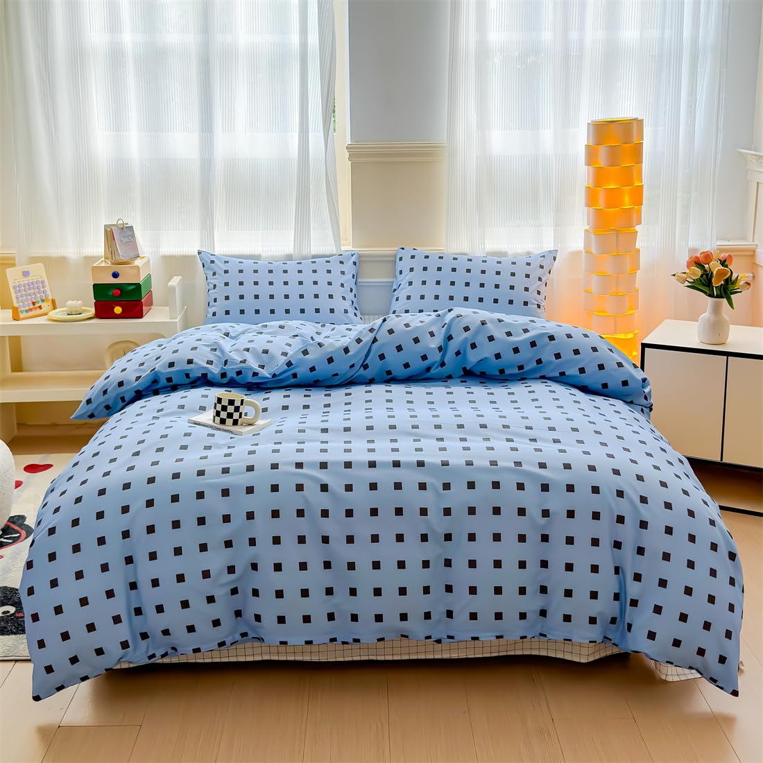 LIWHENHAO Plaid Duvet Cover Set Queen 100% Cotton Bedding Black Square Grid Checkered Dots on Blue 1 Modern Abstract Geometric Comforter Cover Full 2 Pillowcases for Kids Girls Boys Woman
