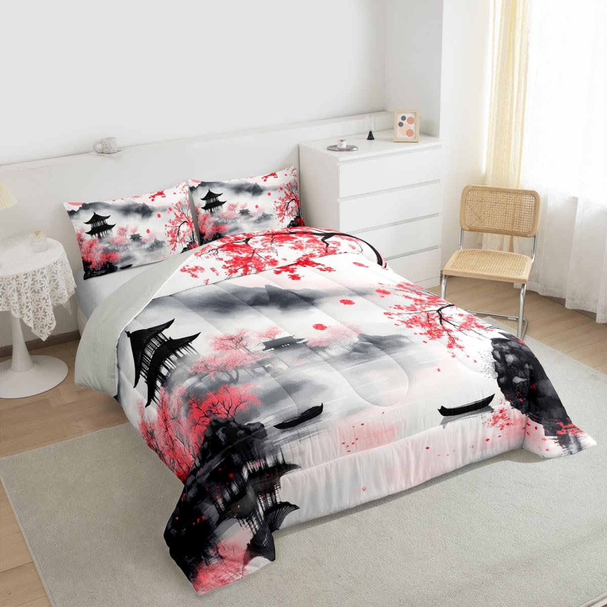 jejeloiu Chinese Ink Painting Bedding Set Soft for Boys Girls, Cherry Blossom Comforter Set Queen Size Mountain Duvet Quilt Microfiber Japanese Style Bedroom Decor 3 Pcs with 2 Pillow Cases