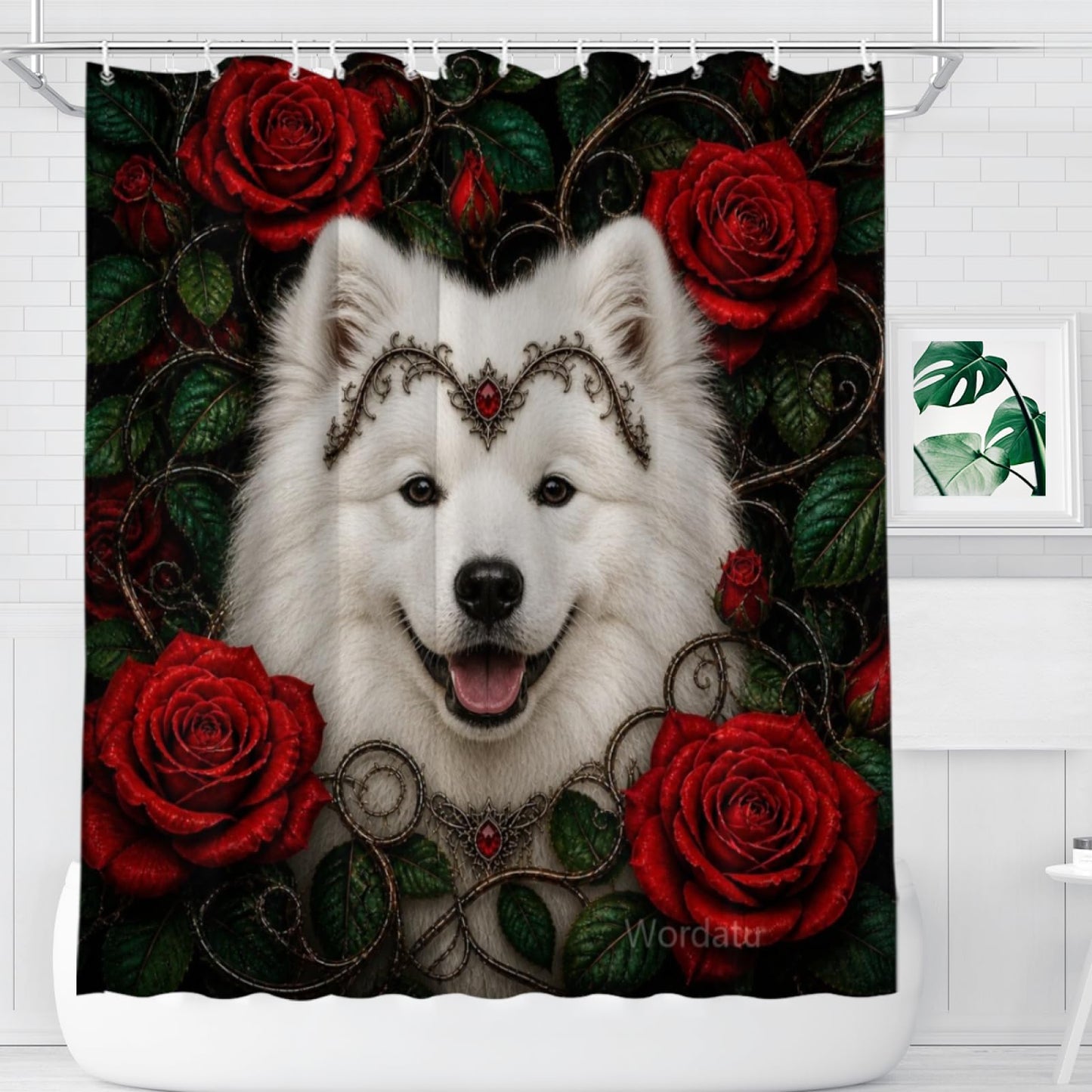 Wordatu Spring Summer Samoyed Red Rose Shower Curtain, Bathroom Decor Fabric Polyester Waterproof 12 Hooks 72Wx72H Inch for Bathtub and Bathroom