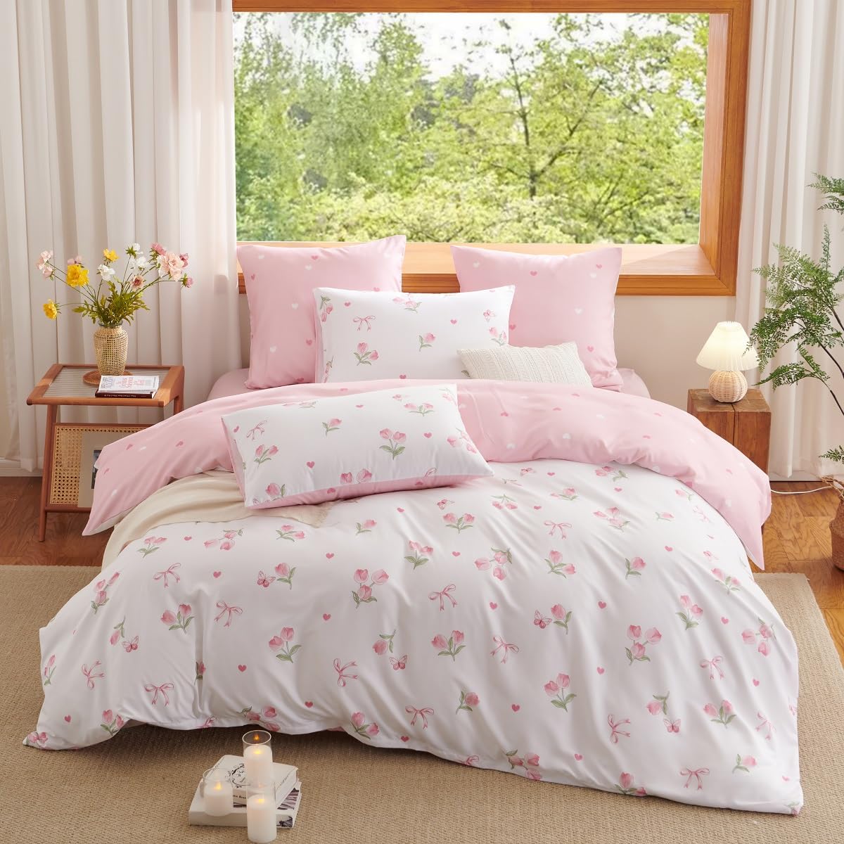 Erwinmu Floral Comforter Set King Size - 3 Pieces Pink White Floral Tulips Bow Comforter Bedding Sets Reversible Pattern,King Bed in a Bag with Flowers Comforter and 2 Pillowcases