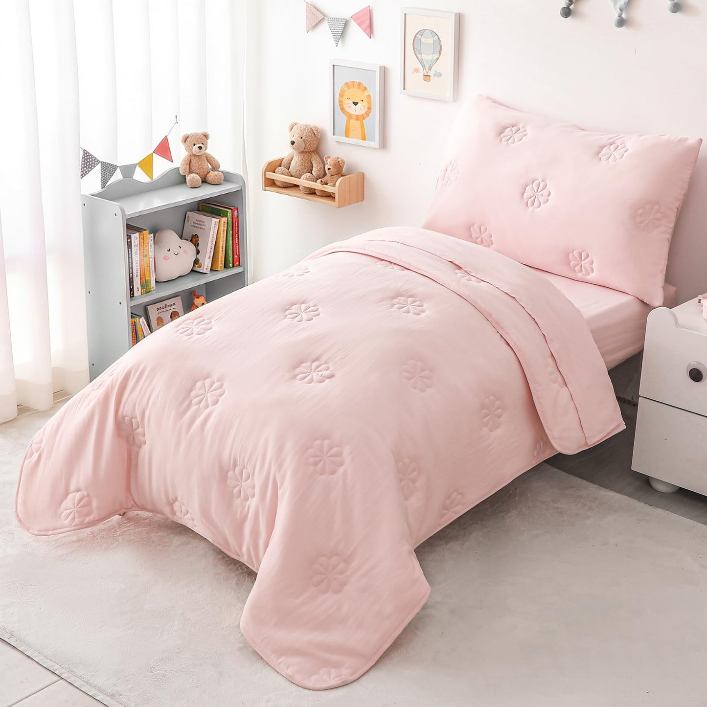 DreLunis Pink Toddler Bedding Sets for Girls, 4 Pieces Soft Microfiber Floral Embroidery Toddler Bed-in-a-Bag Includes Soft Comforter, Flat Sheet, Fitted Sheet, Envelope Pillowcase