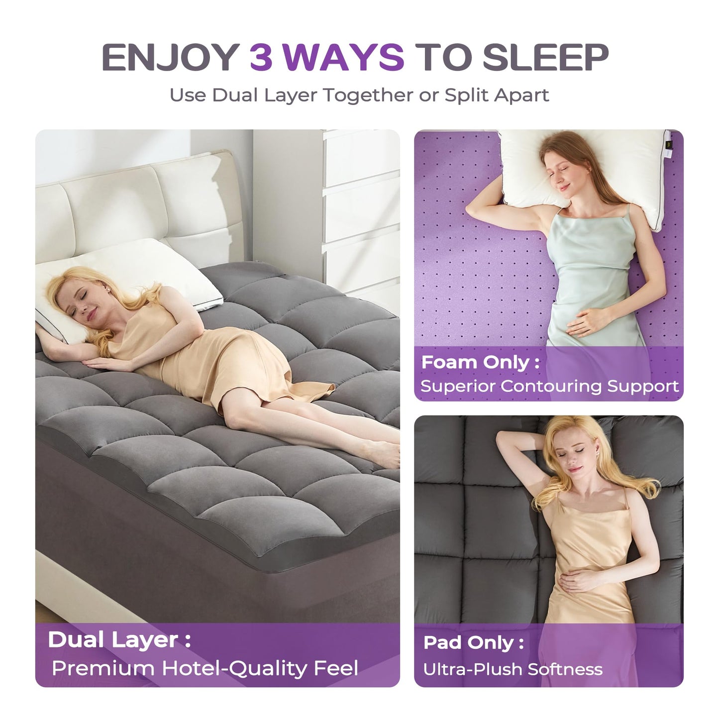 SINWEEK Dual Layer 5 Inch Memory Foam Mattress Topper Queen Size, 2 Inch Gel Memory Foam Plus 3 Inch 1450 GSM Down Alternative Quilted Pillow Top Mattress Pad Cover, Dark Gray