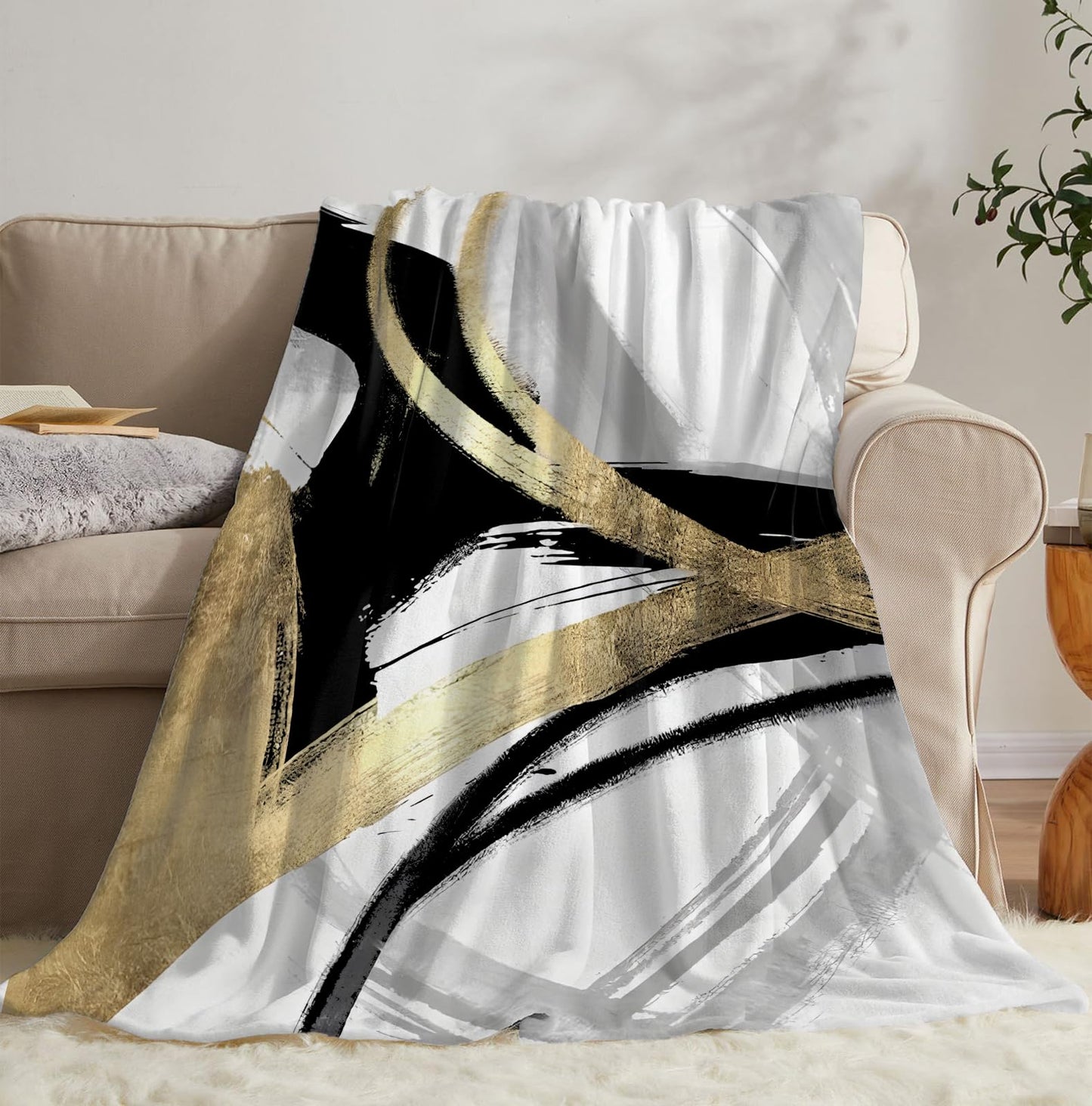 SPBL&L Black White and Gold Abstract Blanket, Minimalist Modern Ink Line Throw Blanket for Bed Couch Bedroom Living Room, Modern Room Home Decor