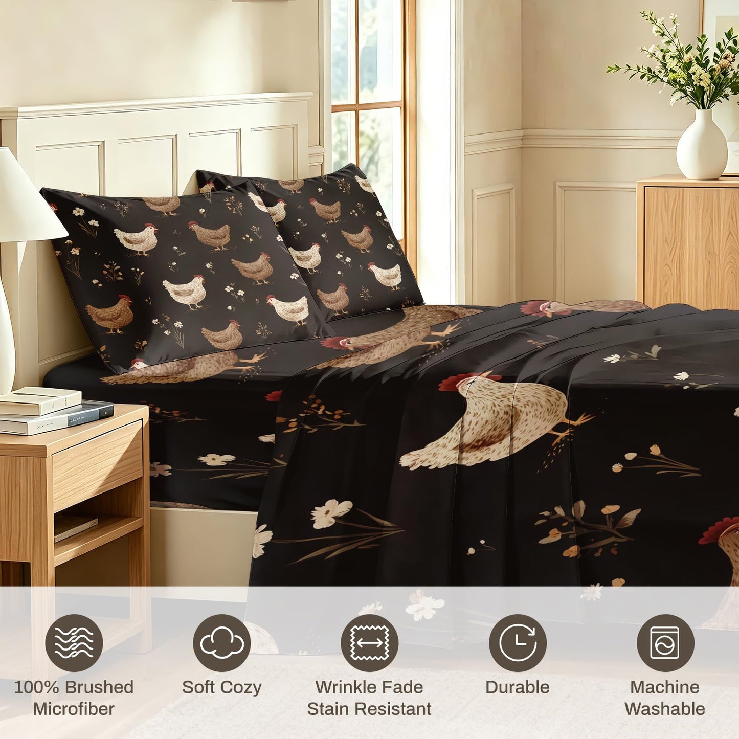 Chicken Queen Sheet Set Rustic Farmhouse Flat Fitted Sheet Sets, Brown
