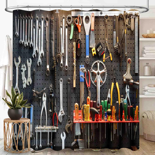 Man Cave Shower Curtain, Retro Rustic Garage Tools Shed Workshop Car Repair Fixing Equipment Vintage for Boys Men Teen Waterproof Fabric Bathroom Shower Curtain Set with Hooks, 72"x72" Inch