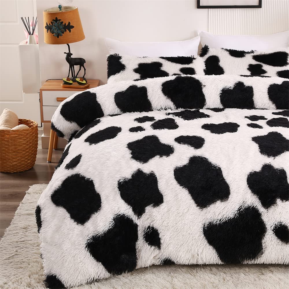 Roscloud Faux Fur Kids Girls Cow Print Comforter Sets Twin/Full - 3PC Bed Set Warm Comfortable Soft Plush Flannel Velvet Fluffy Fuzzy Bedding（Comforter x 1 Pillowcases x 2）