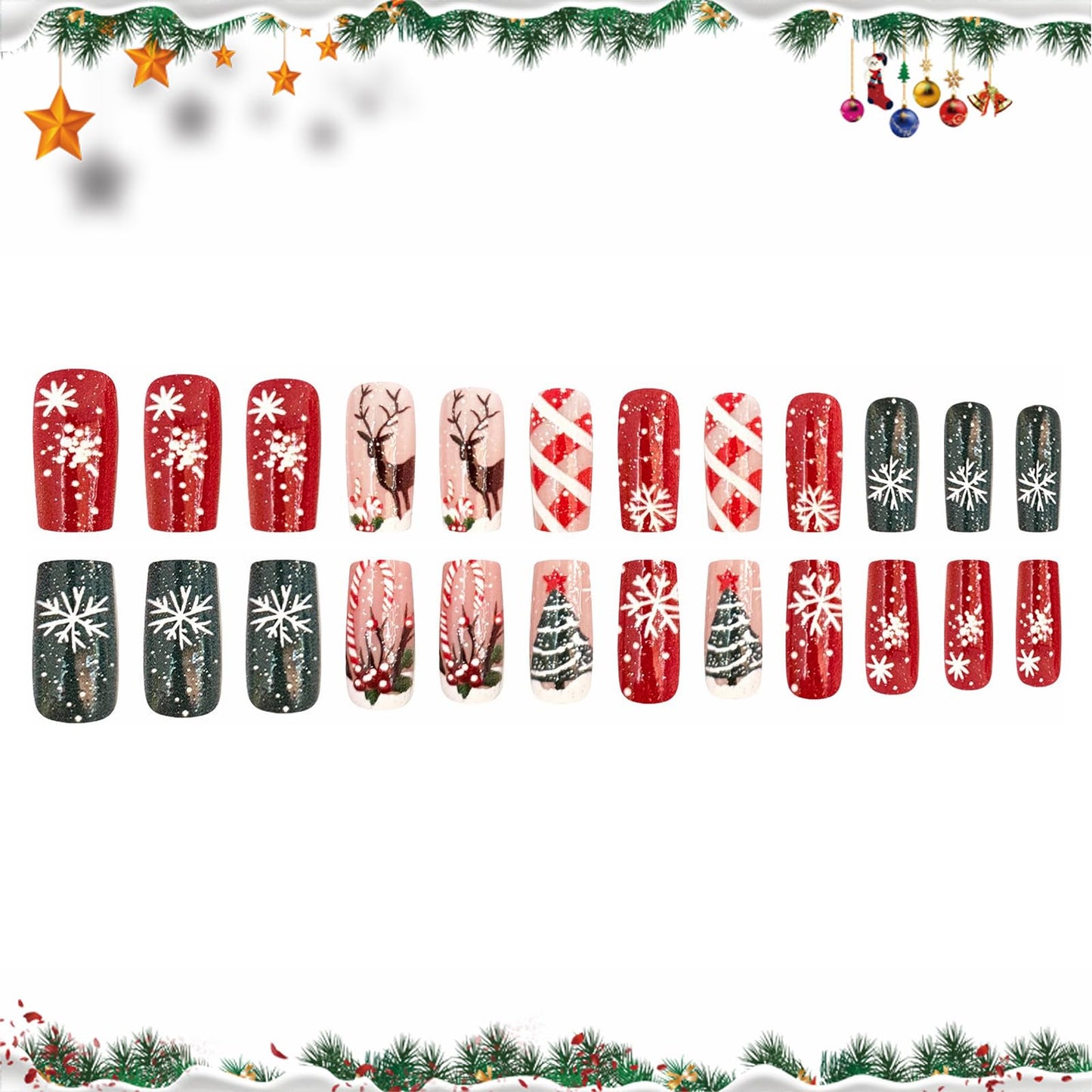 MISUD Press on Nails - Medium Square Fake Nails with Snowflake Elk, Acrylic Xmas Red Green Design 24 pcs