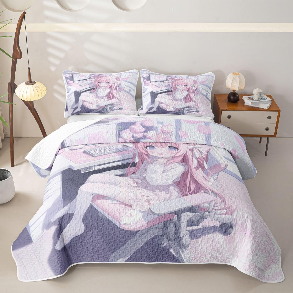 Erosebridal Kawaii E-Sports Girl Quilts Twin Size - 3D Japanese Girl Bedspread Coverlet Set, Girly Gaming Quilt Coverlets 2Pcs (Only 1 Pillowcase)