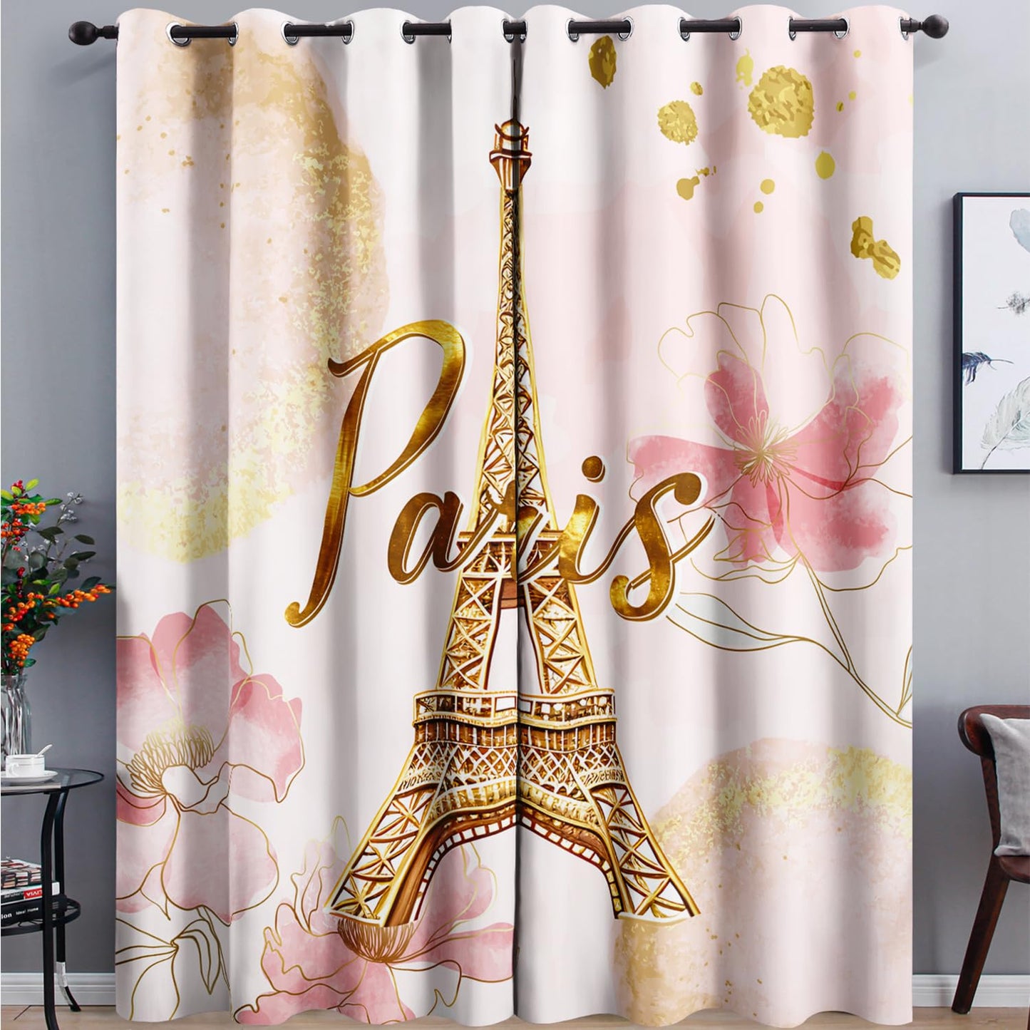 AILONEN Paris Pink Window Curtain, Tie Dye Flower Gold Eiffel Tower Window Treatments Drapes-2 Panels Set,Girls Women Teen Eiffel Tower Themed Bedroom/Living Room Curtain 52" W x 63" H
