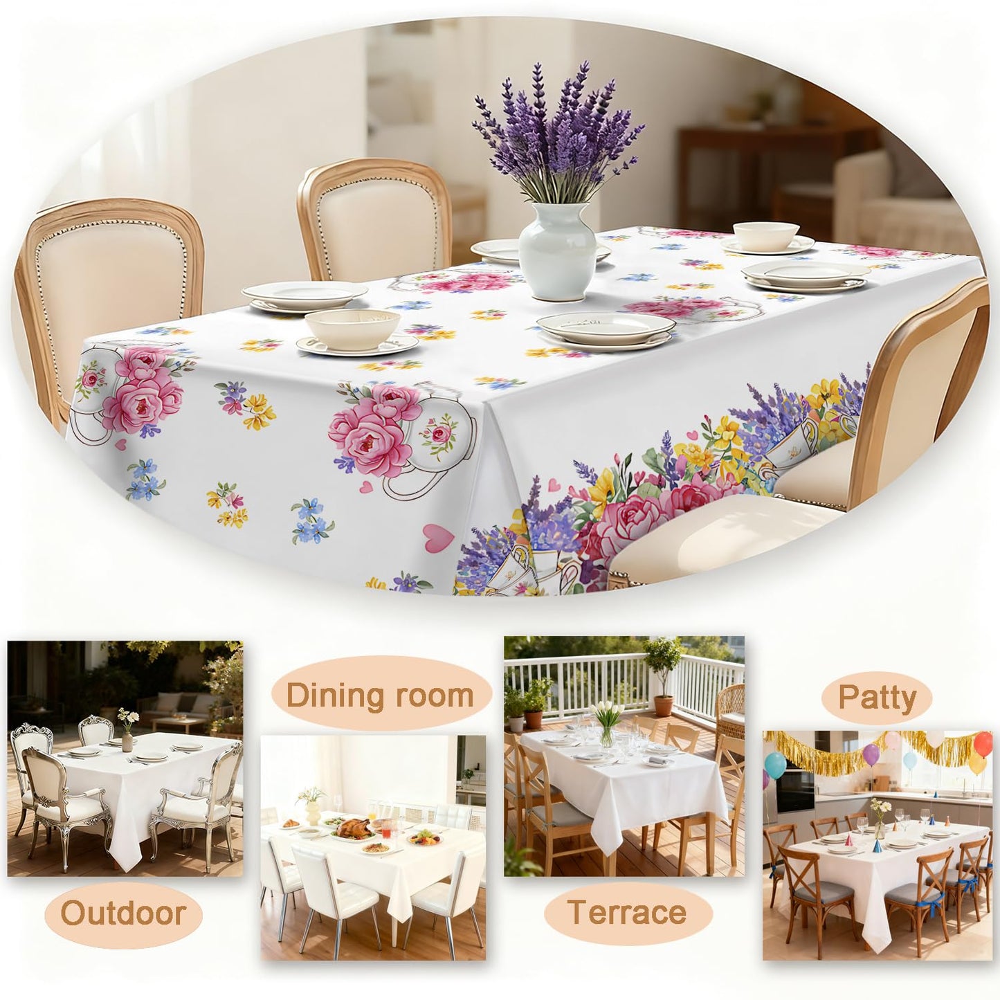 GAGEIZO Reusable & Waterproof Rectangular Tablecloths for Kitchens, Parties, Birthdays, Patios, and Outdoor Events Decorations Floral Table Cloth,6FT/102 x 60 Inch