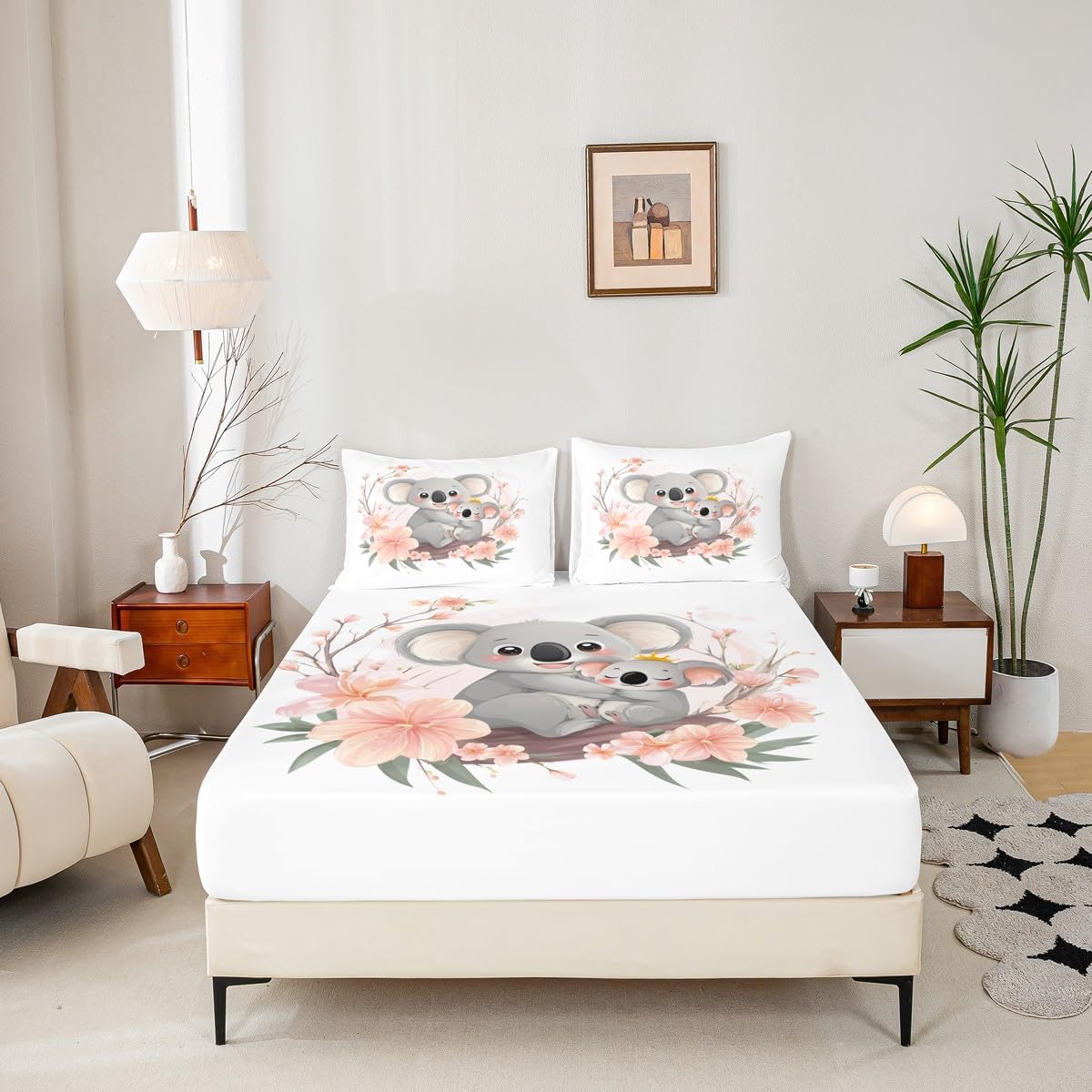 Erosebridal Koala Bear Bedding Set (No Flat Sheet), Cute Animal Bed Sheets Full Size, Lovely Family Pink Floral Fitted Sheet for Kids Boys Girls Bedroom, Botanical Branches Cartoon Pattern Bed Cover