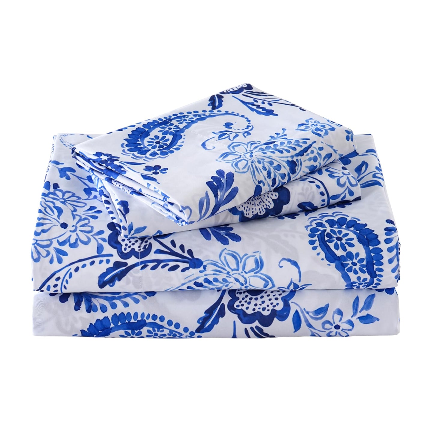 Yibeizi King Size Sheets Set Deep Pocket Blue Floral Bed Sheet Sets, Paisley Printed Soft Microfiber Oeko-Tex Hypoallergenic Sheets & Pillowcases Wrinkle Free Bedsheets