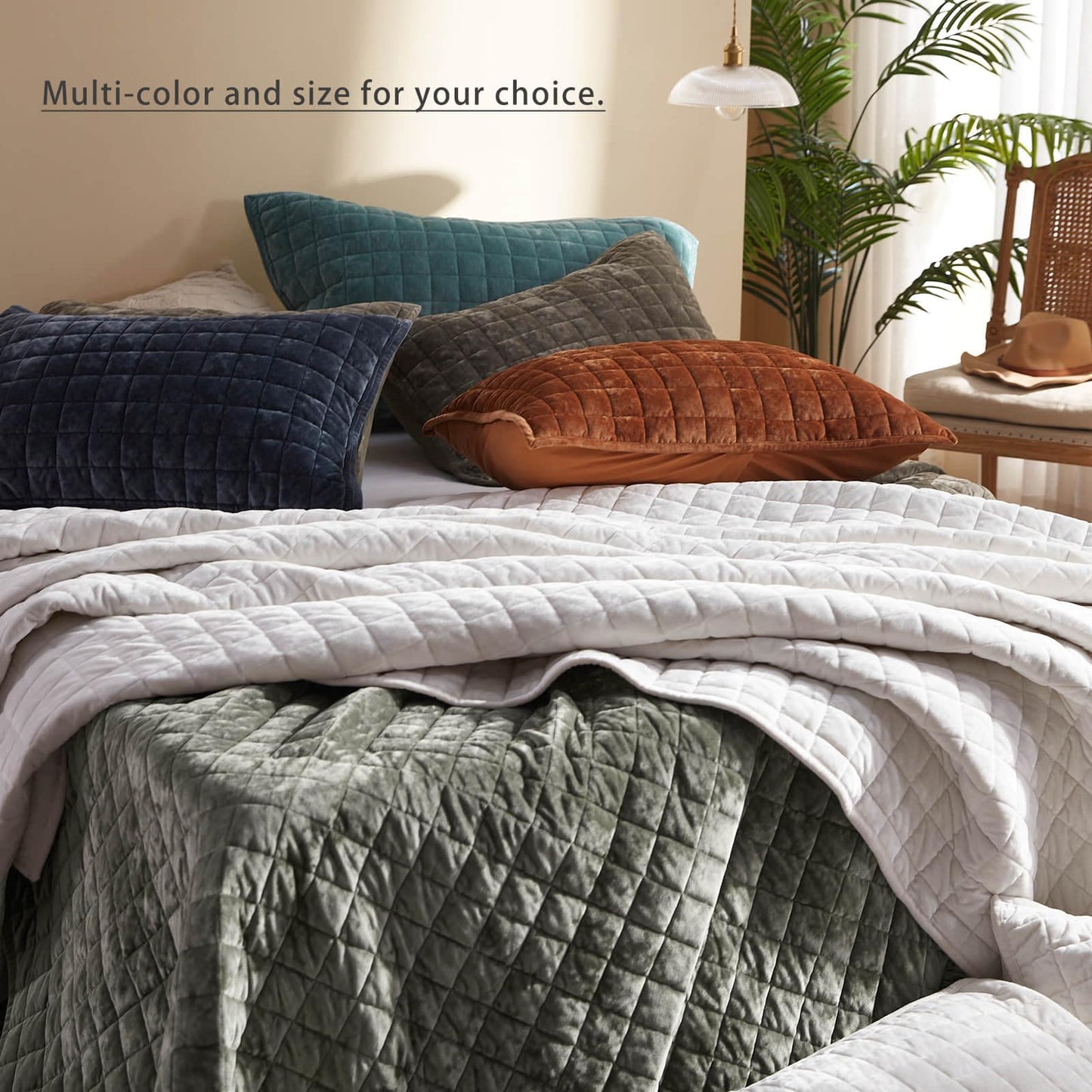 LEAONME Velvet Quilt King Size-98''x106'', Lightweight Olive Green Velvet Comforter Set with 2 Pillow Shams, Soft Bedspread Coverlet Quilted Bedding Set for All Season