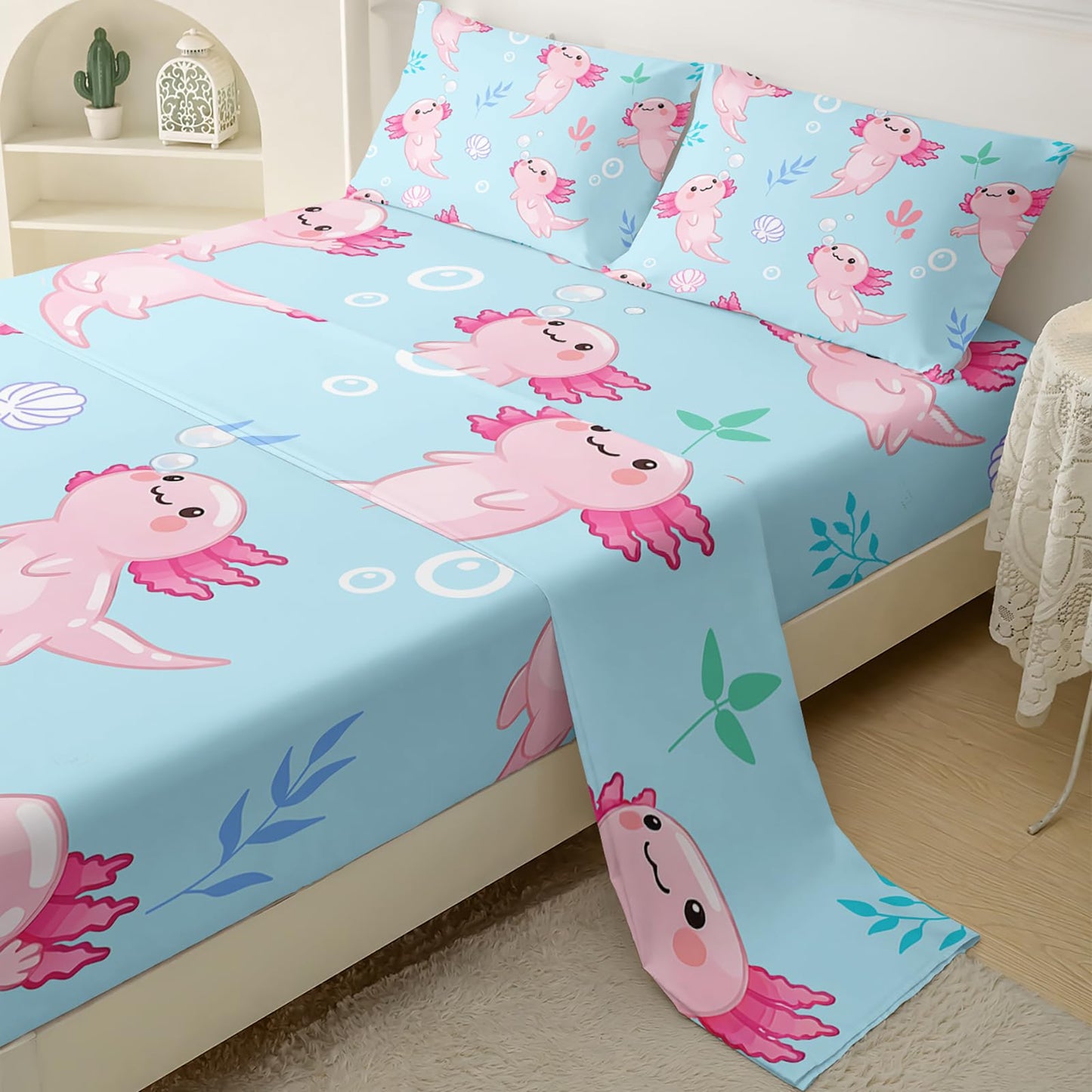 QOOMO Kawaii Marine Life Silky Soft Microfiber Bed Sheets Cute Axolotl Super Soft Kids Bedding Set Blue Ocean Breathable Room Decoration Queen Size 1 Fitted Sheet, 1 Flat Sheet, 2 Pillow Cases