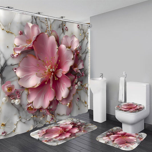 AZHM 4Pcs Pink 3D Floral Bathroom Shower Curtain Set Modern Marble Shower Curtain and Rugs Spring Flower Bathroom Set with Accessories and 12 Hooks