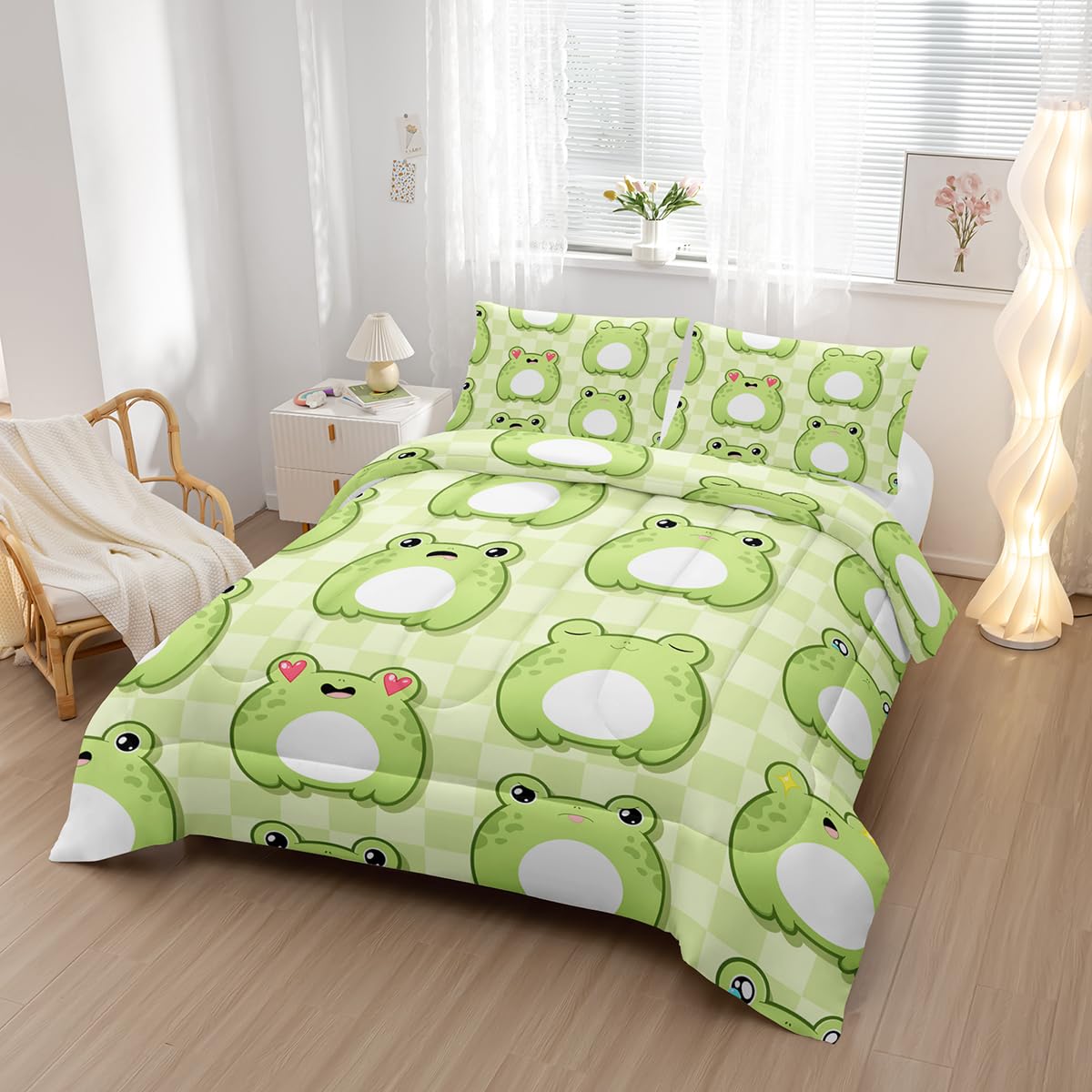 Nttopship Cartoon Frog Comforter Bedding Set with 2 Pillowcase Full Size Cute Animals Comforter Set for Kids Boys Girls Bedroom Decor