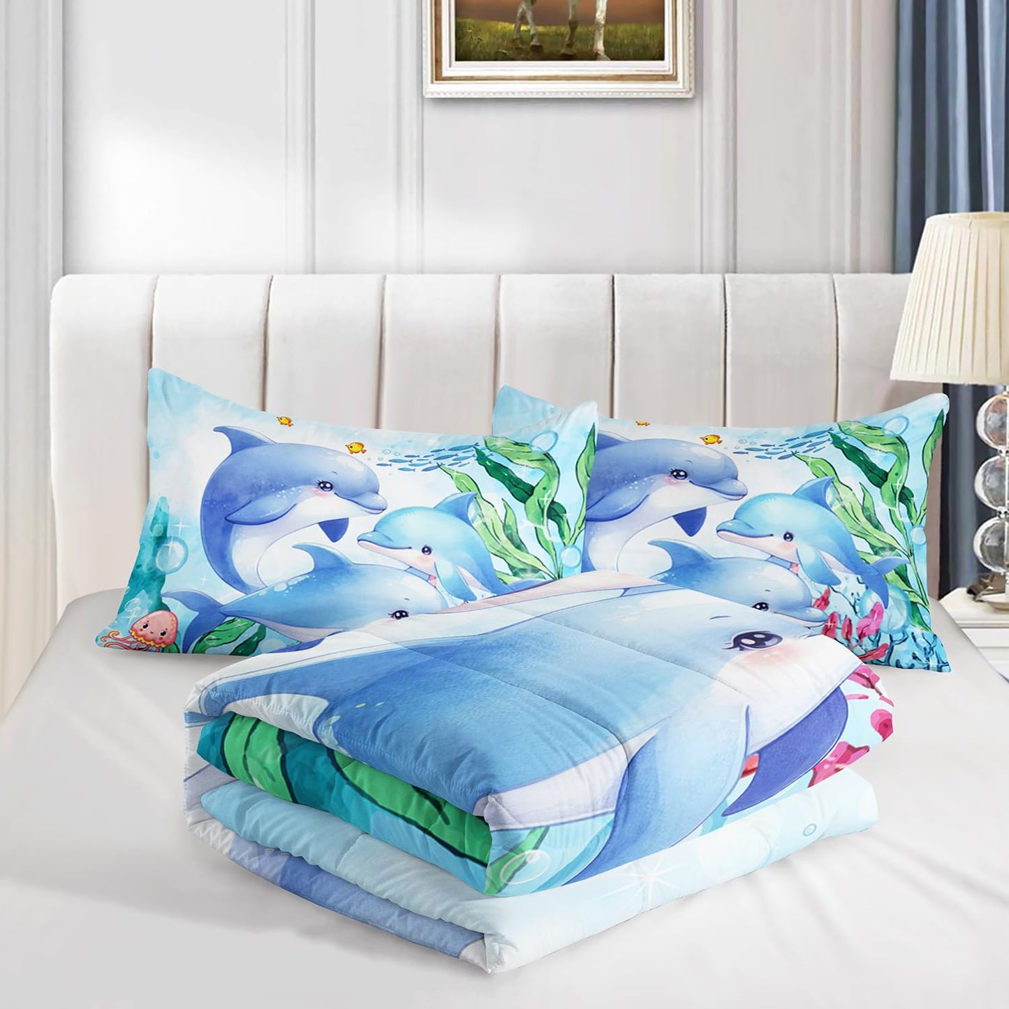XYNHML Dolphins Animal Aqua Blue Green Sea Comforter 3pcs Full Kids Coral Jellyfish Comforter Set for Boys Girls Ocean Waves Bedding Fish Quilt Bed Set with 1 Comforter and 2 Pillowcases