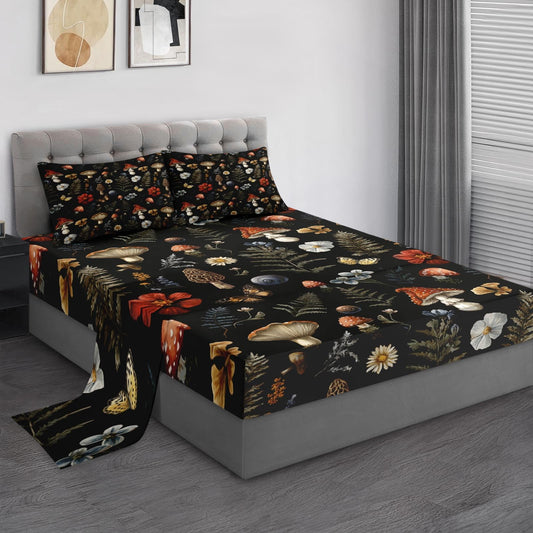 Pamnest Full Size Bed Sheet Sets, Vintage Woodland Mushroom Soft Microfiber 4 Pcs Bedding Sets for Kids and Adults Bedroom Bed Decor, Fern Plants Botanical Flat, Fitted Sheet and 2 Pillowcases