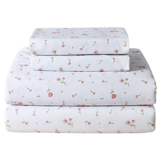 Softan Pink Floral Full Sheet Set Flower Printed Bed Sheets Double - 4 Piece Microfiber Patterned Fitted Bed Sheets with 15" Deep Pocket & Straps, Cozy Cute Pink Sheets and Pillowcase Set