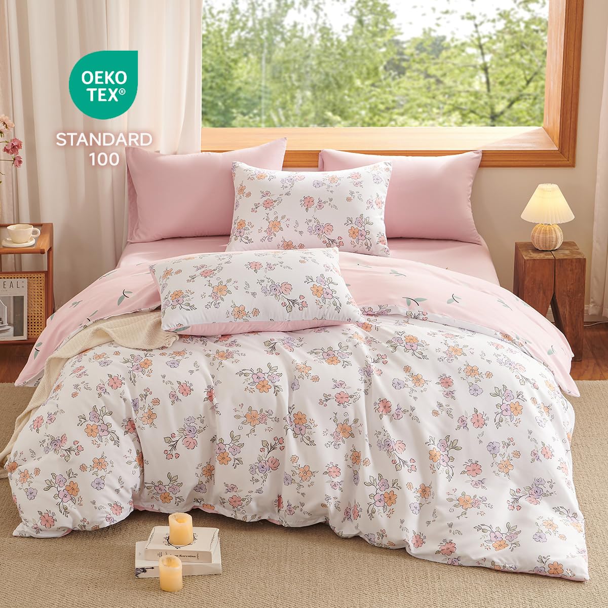 Erwinmu Floral Comforter Set King Size - 3 Pieces Pink White Floral Comforter Bedding Sets Reversible Pattern,King Bed in a Bag with Flowers Comforter and 2 Pillowcases