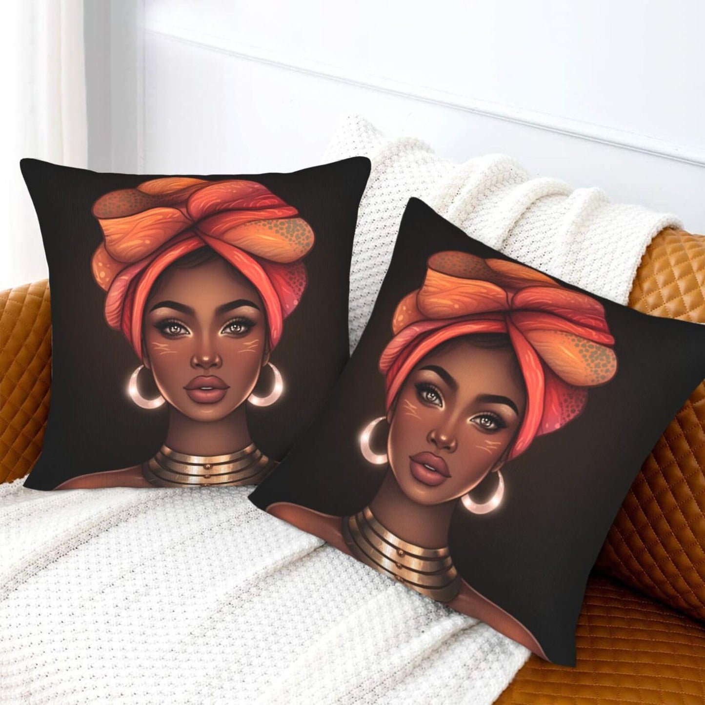 Fiokroo African Black Girl Afro Woman Throw Pillow Covers Set of 2 Pillow Cushion Cases Square Pillowcases for Sofa Bedroom Living Room Car, 18 X 18 Inch