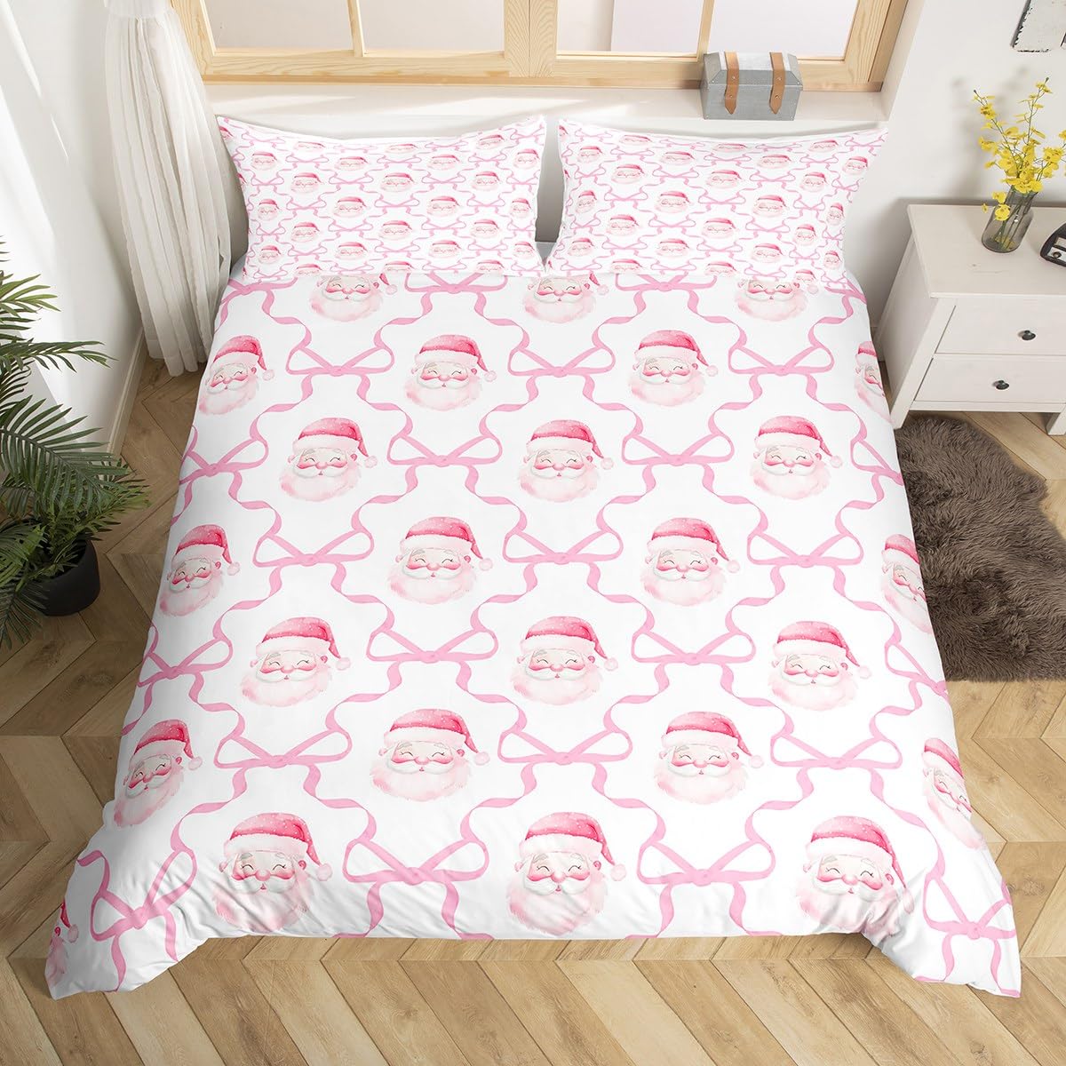 Castle Fairy Santa Claus Duvet Cover Set Twin Size,Pink Bow Print Bedding Sets 2Pcs for Kids Girls Boys Adult Room Decor,Merry Christmas Comforter Cover Pink Bowknot Grid Quilt Cover,1 Pillowcase