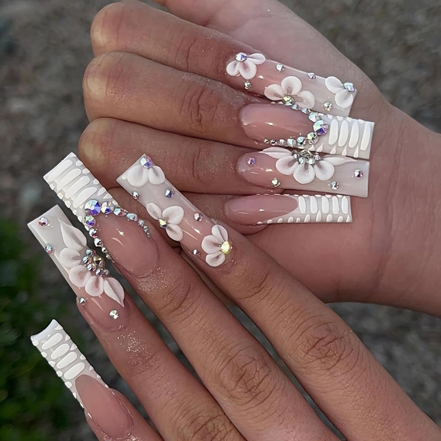 BABALAL Long Coffin Press on Nails - White French Tip Fake Nails Glue on Rhinestone Flower Acrylic Stick on Nail for Women and Girls