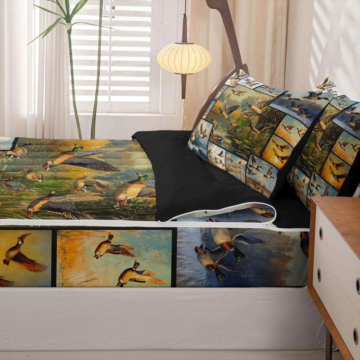 Feelyou Mallard Duck Zipper Bedding Hunting Animal Duck Comforter Set for Kids Boys Girls Queen Size Rustic Farmhouse Zippered Kids Bedding Set Ultra Soft Bed in a Bag