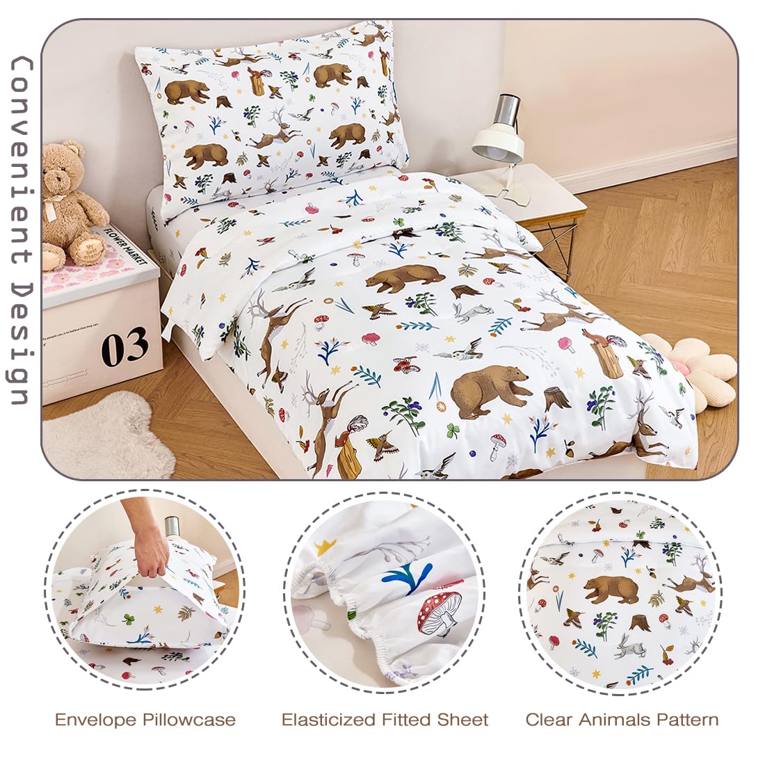 PERFEMET 4-Piece Toddler Bedding Set-Reversible Woodland Animal Toddler Bed Sets for Boys Girls-Soft Lightweight Cartoon Bear Deer Print Toddler Bed Comforter with Sheets for All Season