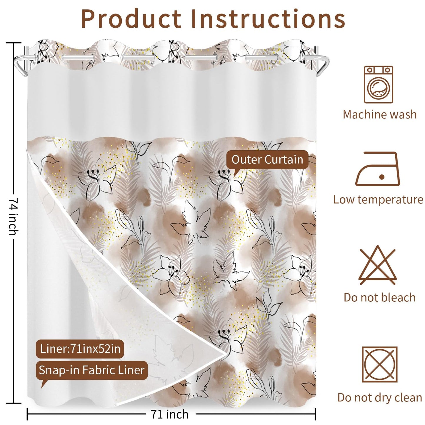 NAEMBCU No Hook Shower Curtain with Snap in Liner Set FYZZ00003
