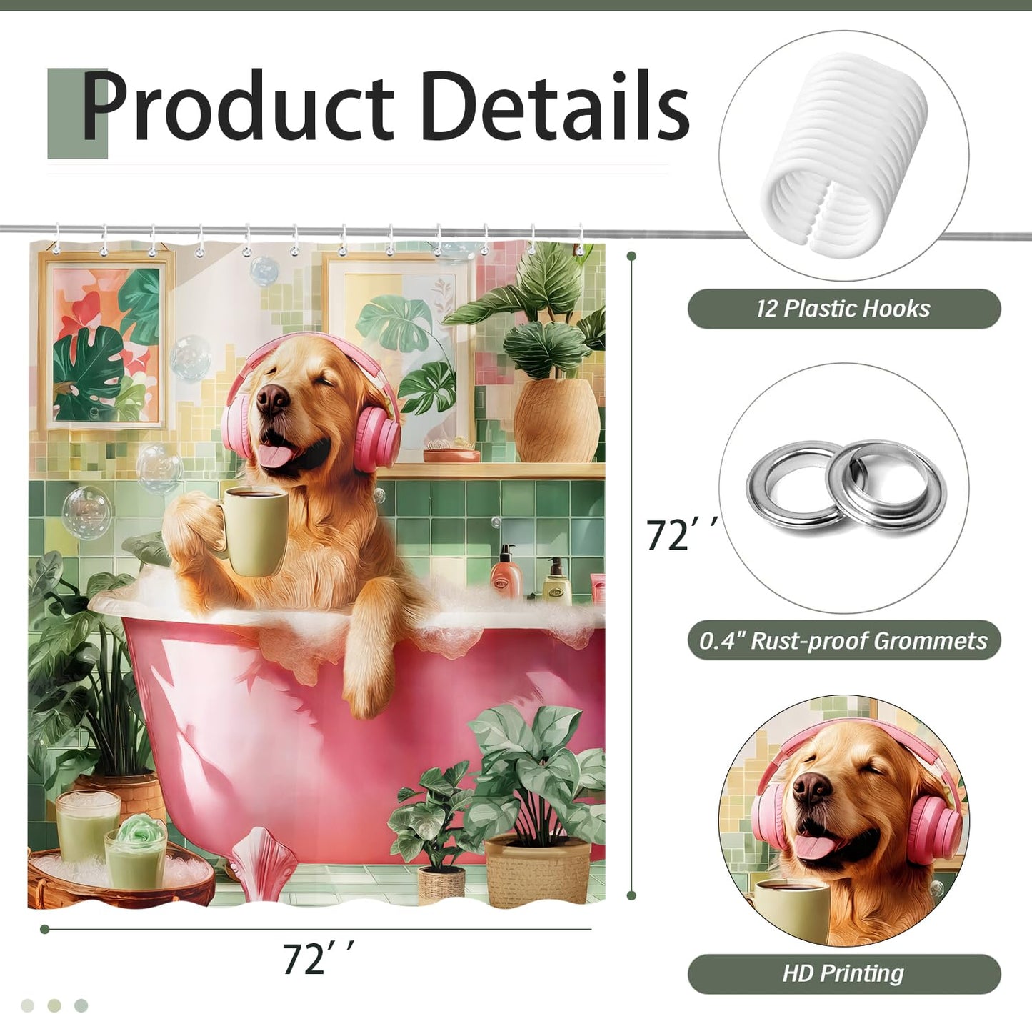 Aeivice Funny Dog Shower Curtain, Kids Cute Fun Pet Shower Curtains Set, Boho Unique Aesthetic Tropical Leaves Animal Polyester Fabric Shower Curtains for Bathroom with Hooks 72X72IN Pink Green