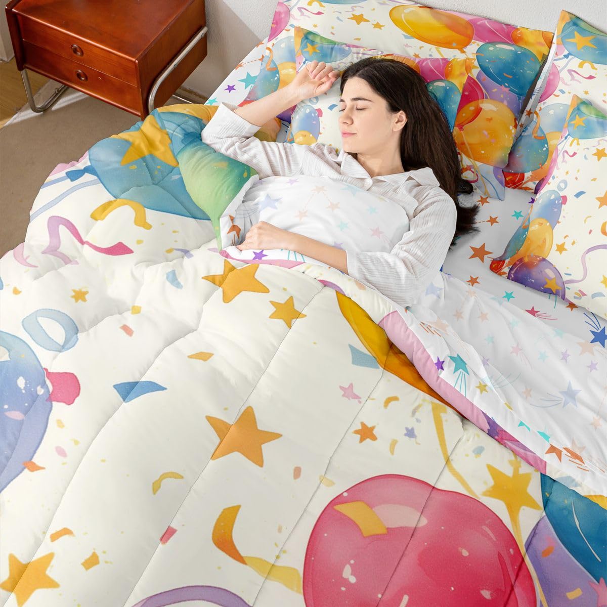 Erosebridal Colorful Balloon 7 Piece Bedding Set Queen Star Pattern Comforter Set with Sheets Birthday Theme Bed in A Bag Rainbow Bed Sets with 2 Pillowcases, 2 Throw Pillow Covers